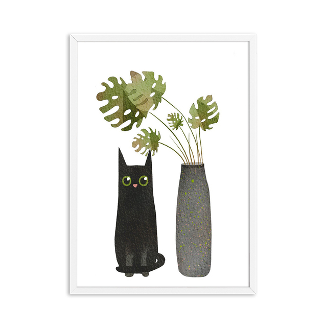 Malarstwo na płótnie Zabawny czarny kot i rośliny doniczkowe - plakat do dekoracji salonu - Wianko - 6