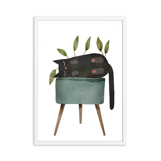 Malarstwo na płótnie Zabawny czarny kot i rośliny doniczkowe - plakat do dekoracji salonu - Wianko - 4