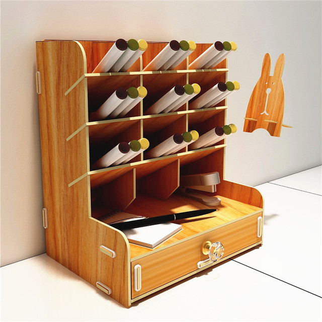 Drewniany organizer biurkowy wielofunkcyjny DIY z pojemnikami na długopisy i ołówki - Wianko - 2