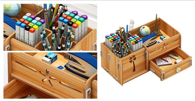 Drewniany organizer biurkowy wielofunkcyjny DIY z pojemnikami na długopisy i ołówki - Wianko - 1
