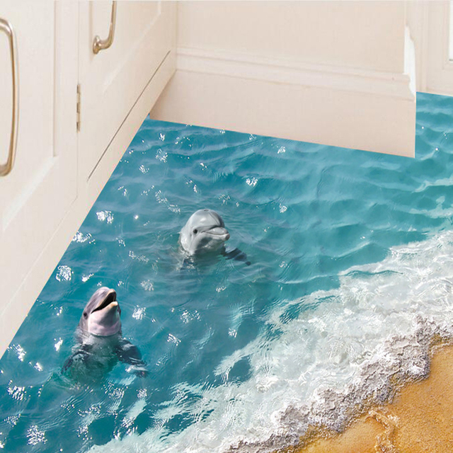 Naklejki ścienne 3D Ocean - głęboki niebieski morze, plaża, delfin, rozgwiazda, dekoracja do pokoju dziecięcego, wodoodporna, łazienka - Wianko - 11