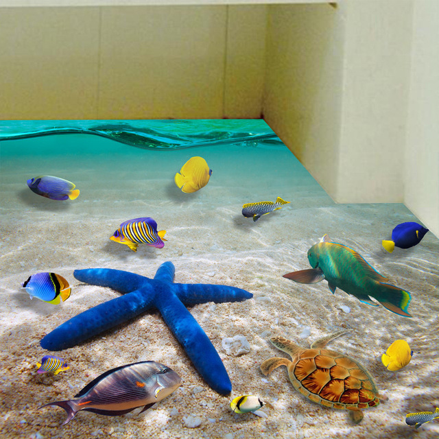 Naklejki ścienne 3D Ocean - głęboki niebieski morze, plaża, delfin, rozgwiazda, dekoracja do pokoju dziecięcego, wodoodporna, łazienka - Wianko - 16
