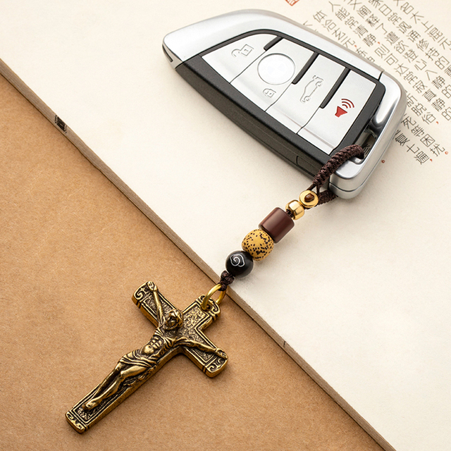 Brelok na klucze z czystego mosiądzu - Ręcznie robiony, męska moda, krzyż Jezus, wytworny brelok motocyklowy z plecioną linią - Wianko - 5