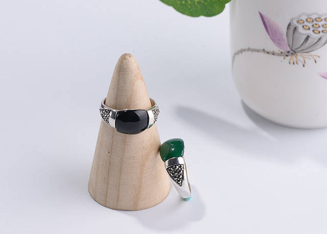 FNJ 925 srebrny pierścień z czarnym i zielonym agatem dla kobiet - Wianko - 6