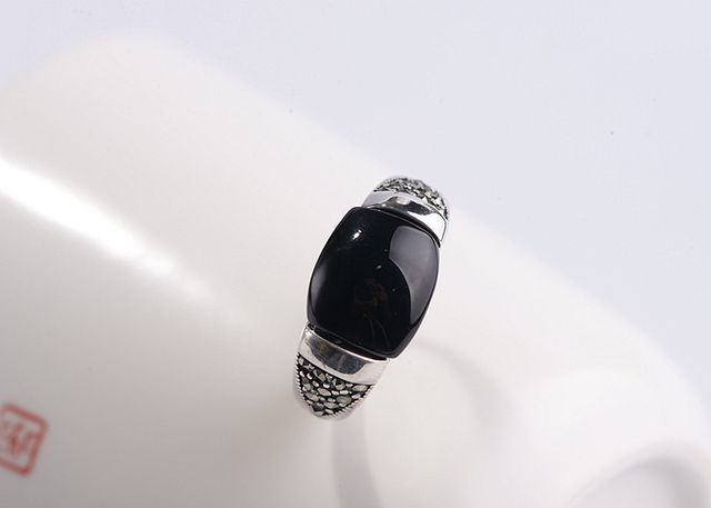 FNJ 925 srebrny pierścień z czarnym i zielonym agatem dla kobiet - Wianko - 4