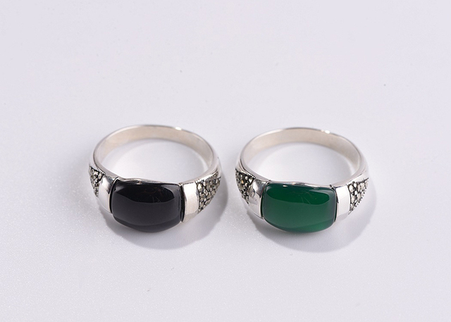 FNJ 925 srebrny pierścień z czarnym i zielonym agatem dla kobiet - Wianko - 5