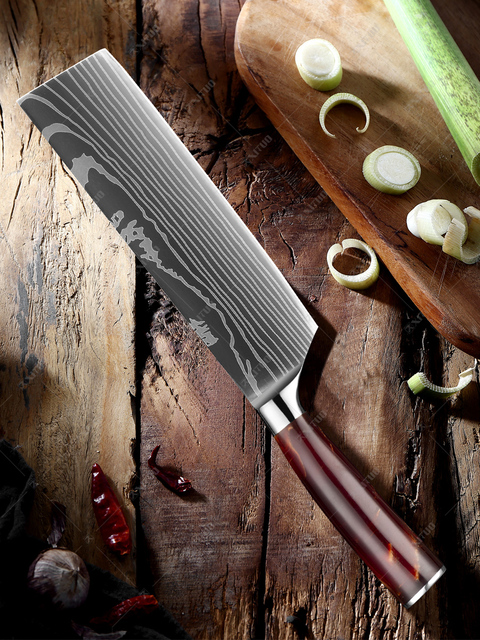Zestaw noży kuchennych XITUO Damaszek, 1-10 sztuk, wzór laserowy chef Santoku Cleaver Utility noże, uchwyt z żywicy - Wianko - 4