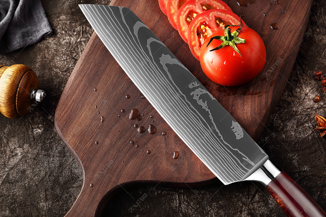 Zestaw noży kuchennych XITUO Damaszek, 1-10 sztuk, wzór laserowy chef Santoku Cleaver Utility noże, uchwyt z żywicy - Wianko - 7