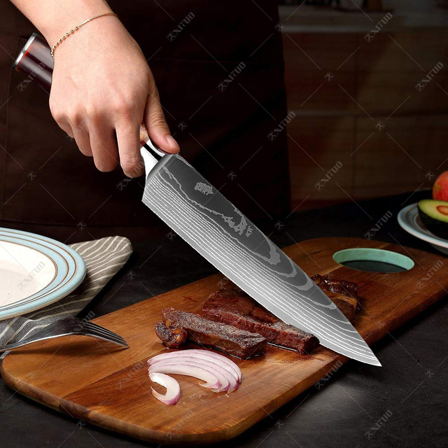 Zestaw noży kuchennych XITUO Damaszek, 1-10 sztuk, wzór laserowy chef Santoku Cleaver Utility noże, uchwyt z żywicy - Wianko - 9