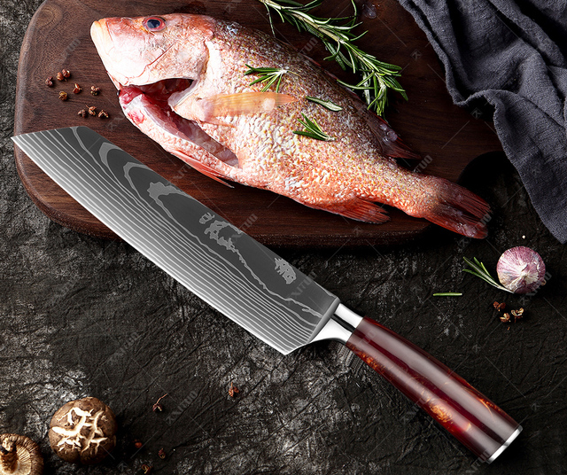 Zestaw noży kuchennych XITUO Damaszek, 1-10 sztuk, wzór laserowy chef Santoku Cleaver Utility noże, uchwyt z żywicy - Wianko - 5
