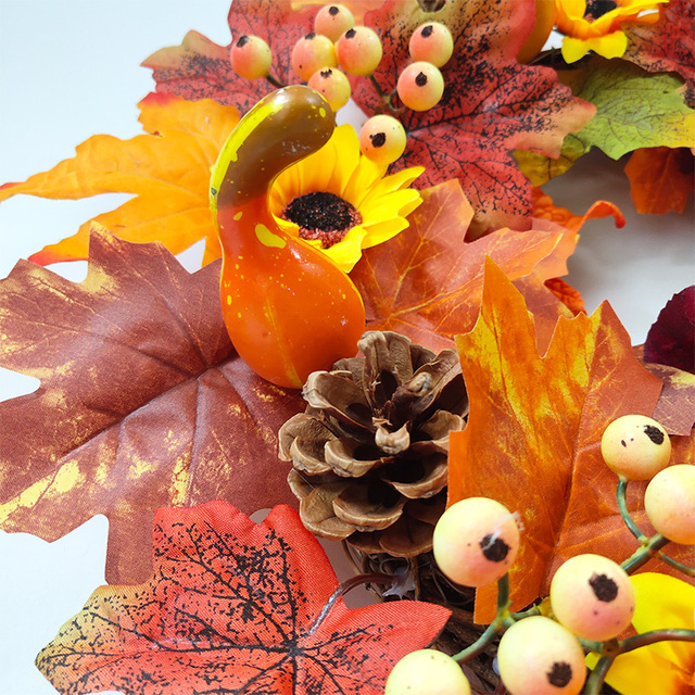 Sztuczna dynia Garland z jesiennymi liśćmi i winoroślami - dekoracja na festiwal, do domu, ogrodu i drzwi - wieniec z rattanu do zawieszenia na ścianie - Wianko - 3