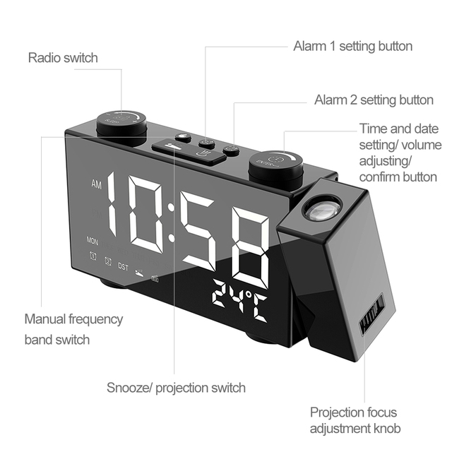 Budzik cyfrowy FM z projekcją na 6-calowym wyświetlaczu, regulacją jasności LED, termometrem i zegarem - Wianko - 8