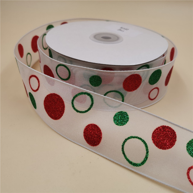 Wstążka przewodowa biała metaliczna z brokatowymi kropkami, czerwono-zielone, 38mm x 25 jardów - do dekoracji ślubnych, prezentów i choinki - Wianko - 1
