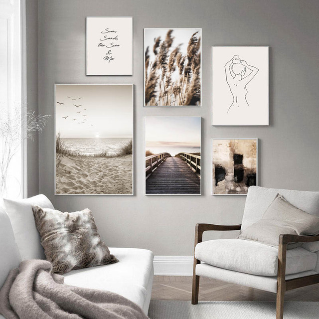 Plakat malarstwo Nordic Wall Art - Skandynawski krajobraz natura, trawa, most, zachód słońca na plaży, nowoczesne obrazy Home Decor - Wianko - 7