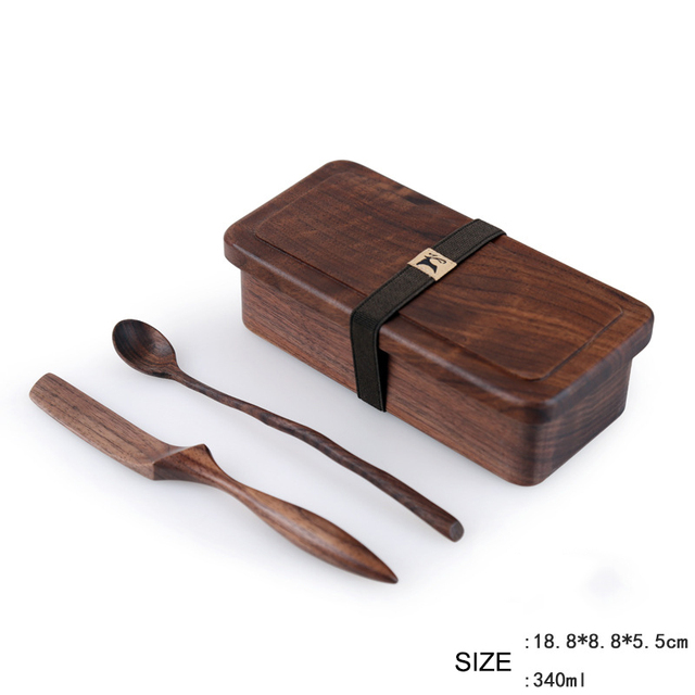 Pudełko na lunch drewniane najwyższej klasy z naturalnego czarnego orzecha japońskiego stylu z łyżką i nożem sushi - Wianko - 4
