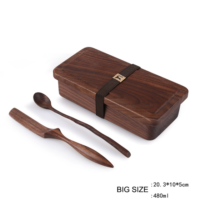Pudełko na lunch drewniane najwyższej klasy z naturalnego czarnego orzecha japońskiego stylu z łyżką i nożem sushi - Wianko - 3