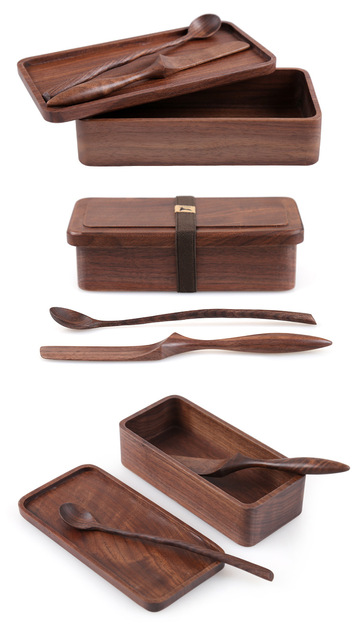 Pudełko na lunch drewniane najwyższej klasy z naturalnego czarnego orzecha japońskiego stylu z łyżką i nożem sushi - Wianko - 6