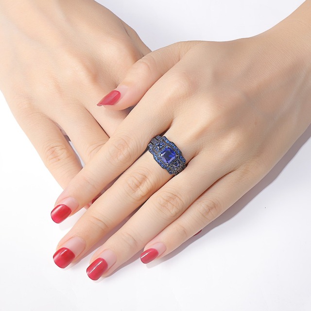 Trzy czarne pierścienie ślubne dla kobiet - niebieski księżniczka Cut AAAAA Cubic cyrkon, biżuteria pierścienie QR4687WG Newshe - Wianko - 4