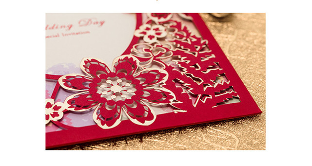 Zestaw czerwonych luksusowych zaproszeń ślubnych z wycinaniami laserowymi Flora - Wianko - 8
