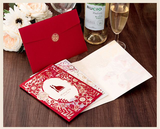 Zestaw czerwonych luksusowych zaproszeń ślubnych z wycinaniami laserowymi Flora - Wianko - 9