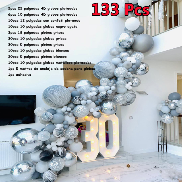 Zestaw balonów Garland Arch, 133 sztuki, lateksowe, kolor: szary agat, czarny metal, srebrny marmur, dekoracja na urodziny, przyjęcie ślubne - Wianko - 4