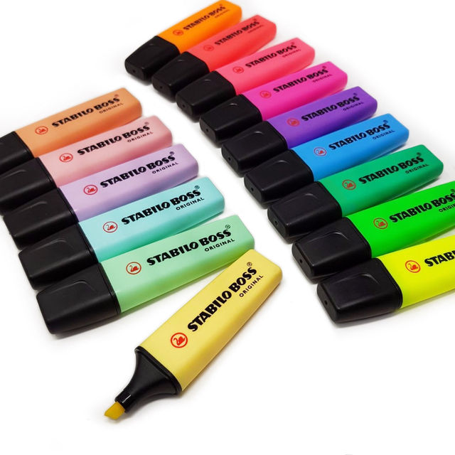 Opakowanie 15 długopisów Stabilo Boss w 9 oryginalnych kolorach i 6 nowych pastelowych - zakreślacze markerów - Wianko - 1