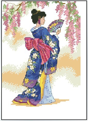 Elegancki zestaw do szycia haftem krzyżykowym - gejsza japońska kobieta z wachlarzem - Wianko - 1