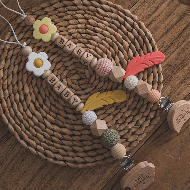 Drewniany łańcuszek do smoczka z personalizowaną nazwą dla dzieci z klipem manekin sutki i silikonową zabawką ząbkowania - Wianko - 6