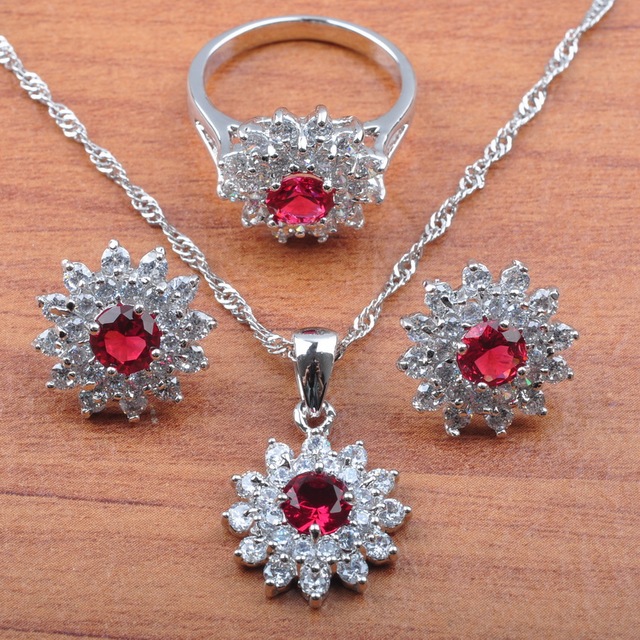 Nowożęska biżuteria ślubna 2020 z różanymi czerwonymi cyrkoniami w pozłacanej srebrnej oprawie - JS0150 - Wianko - 2