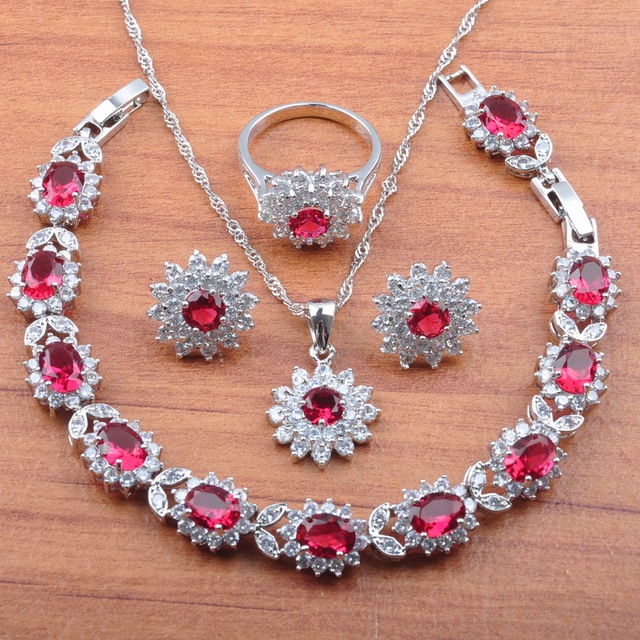 Nowożęska biżuteria ślubna 2020 z różanymi czerwonymi cyrkoniami w pozłacanej srebrnej oprawie - JS0150 - Wianko - 1