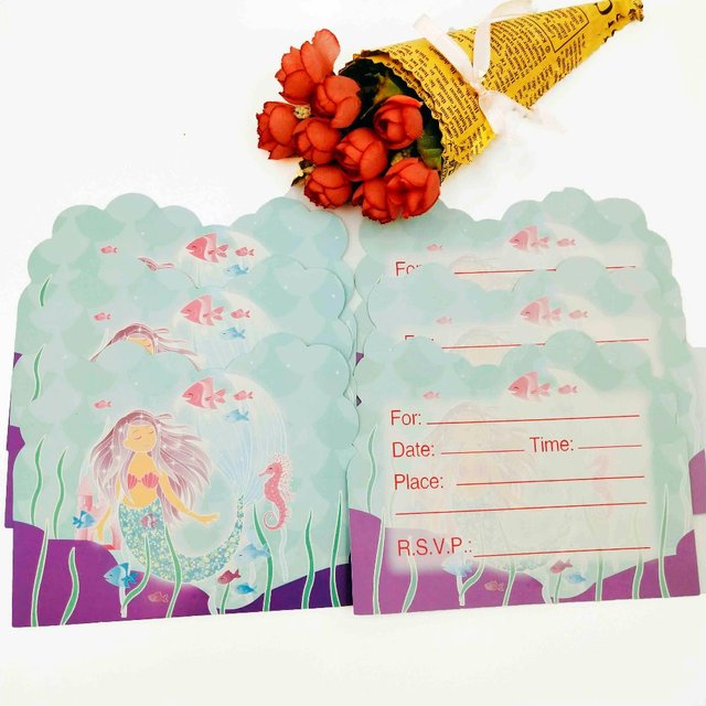 Zestaw 6 małych akcesoriów do przebrania syreny - zaproszenie, kartka okolicznościowa z kopertą, dekoracje na imprezę urodzinową dla dzieci - Wianko - 4