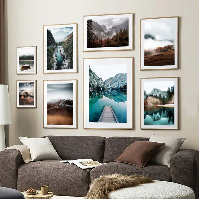 Plakat drukowany na płótnie w stylu skandynawskim - jezioro góra natura malarstwo krajobrazowe dla dekoracji domu - Wianko - 3