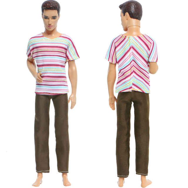 Handmade letni strój dla lalki - koszulka w paski brązowe spodnie dla Ken - Wianko - 2