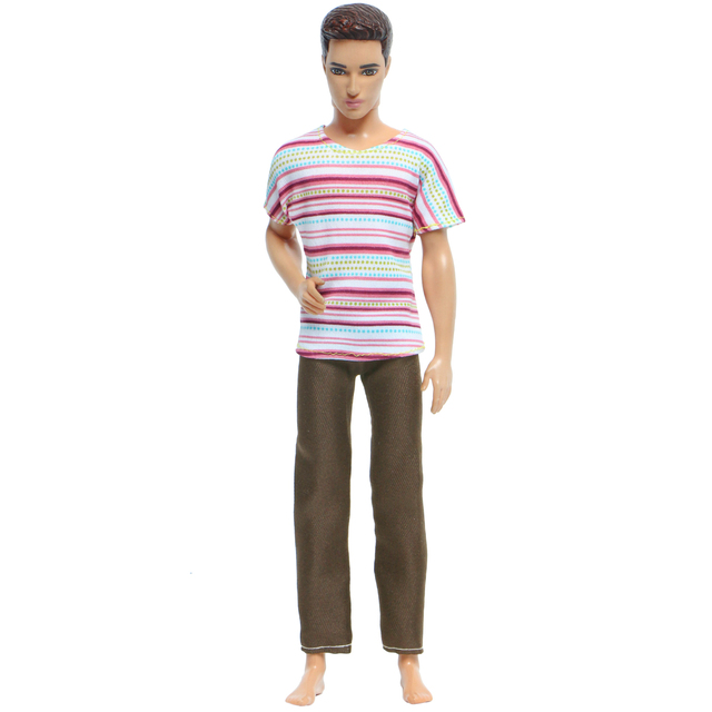 Handmade letni strój dla lalki - koszulka w paski brązowe spodnie dla Ken - Wianko - 3