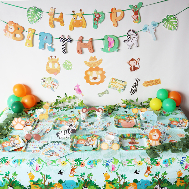 Zwierzę z dżungli - dekoracja dżungla Safari na urodziny dziecka, baner urodzinowy, las, zoo - 1. urodziny - Wianko - 2
