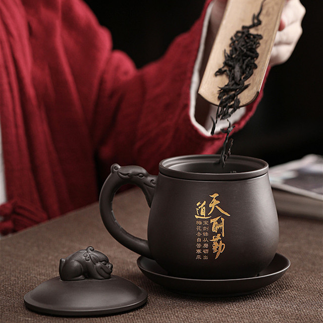 Zestaw naczyń do herbaty z filiżanką Yixing Handmade, glinianym filtrem separującym, i 350ml kubkiem podróżnym - Wianko - 5