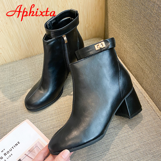 Aphixta 2021 jesienne damskie buty zimowe do kostki - botki na platformie z kwadratowymi obcasami i przeciwpoślizgową podeszwą, czarny kolor - Wianko - 6