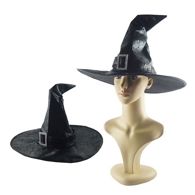 Czapka wiedźmy Halloween z trykotu - czarny lśniący kapelusz z ozdobą - Wianko - 5