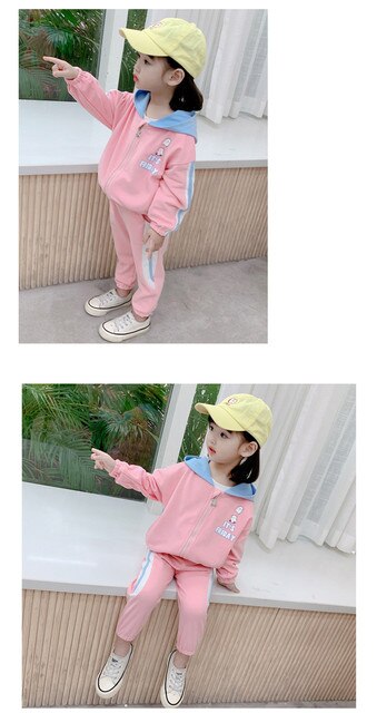 Zestaw sportowych dresów dla małych dziewczynek DFXD Kids Girl w kolorze różowym. Kurtka z kapturem i zamkiem błyskawicznym + spodnie. Motyw: niedźwiedź. Rozmiar: 1-7 lat - Wianko - 12