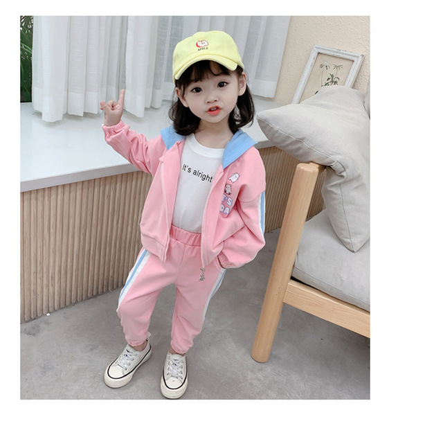 Zestaw sportowych dresów dla małych dziewczynek DFXD Kids Girl w kolorze różowym. Kurtka z kapturem i zamkiem błyskawicznym + spodnie. Motyw: niedźwiedź. Rozmiar: 1-7 lat - Wianko - 16