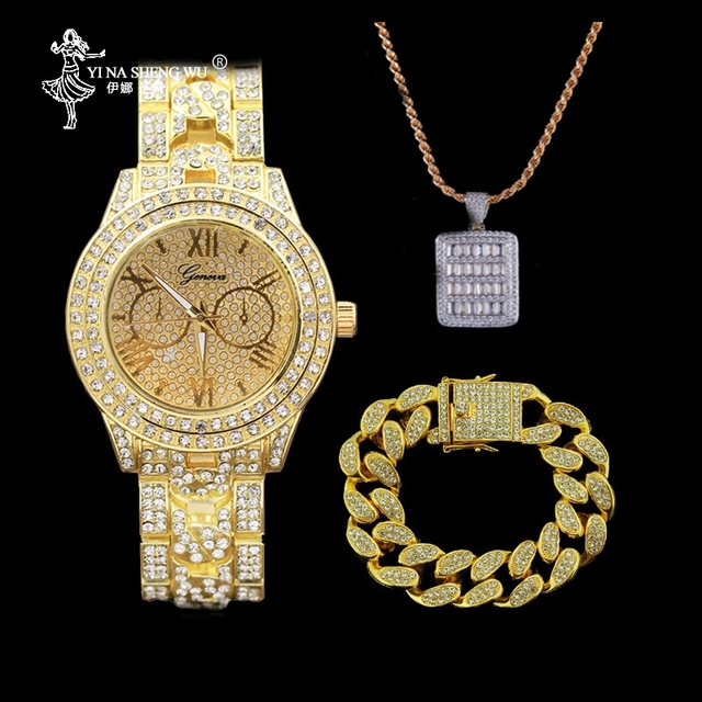 Zestaw luksusowych biżuterii męskiej: hip hop złoty zegarek, stylowa bransoletka i naszyjnik, lśniący wisiorek Ice Out - Wianko - 17