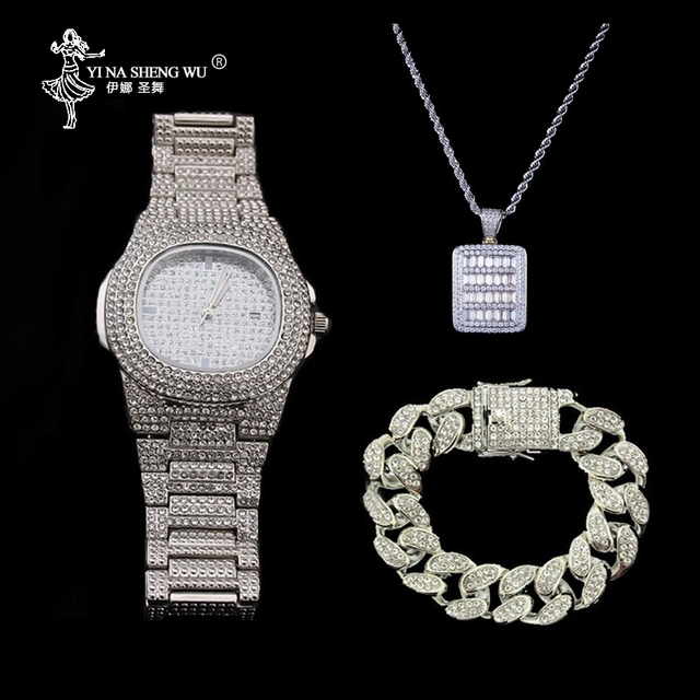 Zestaw luksusowych biżuterii męskiej: hip hop złoty zegarek, stylowa bransoletka i naszyjnik, lśniący wisiorek Ice Out - Wianko - 13