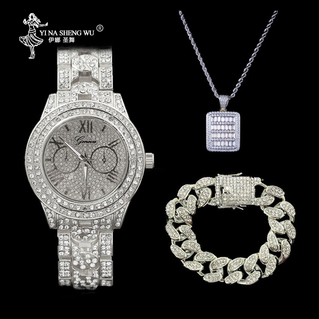 Zestaw luksusowych biżuterii męskiej: hip hop złoty zegarek, stylowa bransoletka i naszyjnik, lśniący wisiorek Ice Out - Wianko - 16