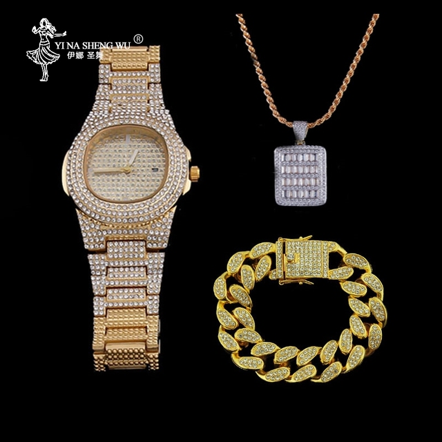 Zestaw luksusowych biżuterii męskiej: hip hop złoty zegarek, stylowa bransoletka i naszyjnik, lśniący wisiorek Ice Out - Wianko - 14