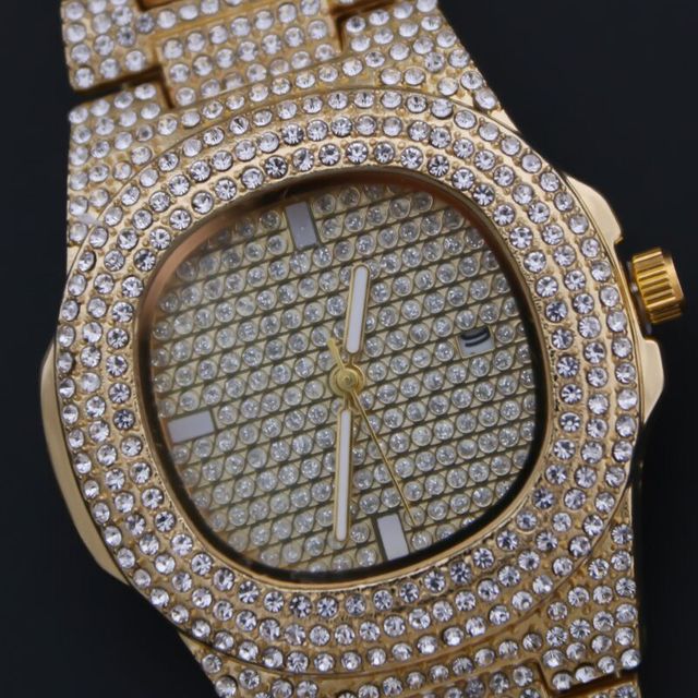 Zestaw luksusowych biżuterii męskiej: hip hop złoty zegarek, stylowa bransoletka i naszyjnik, lśniący wisiorek Ice Out - Wianko - 11