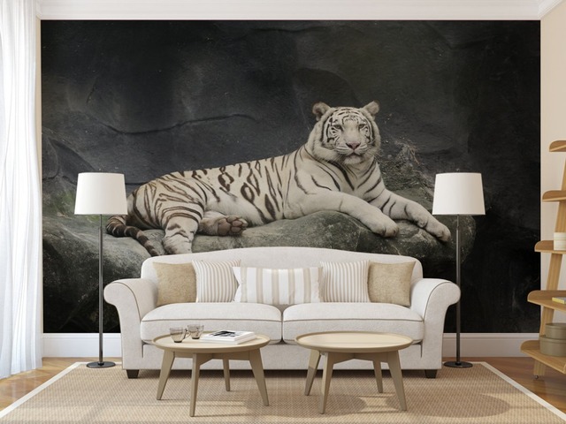 Tapeta 3D biały tygrys - fotorealistyczny plakat na ścianę zdejmowany winyl pcv - Wianko - 1