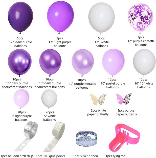 Zestaw metalicznych fioletowych balonów Garland - 124 sztuki, fioletowy łuk balonowy, złote motyle - dekoracje urodzinowe i ślubne - Wianko - 2