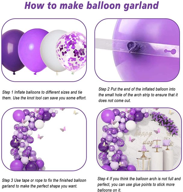 Zestaw metalicznych fioletowych balonów Garland - 124 sztuki, fioletowy łuk balonowy, złote motyle - dekoracje urodzinowe i ślubne - Wianko - 4