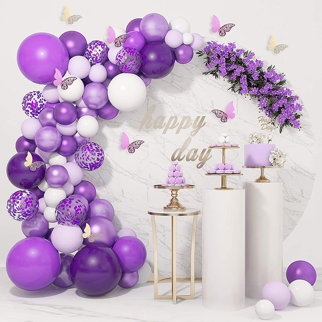 Zestaw metalicznych fioletowych balonów Garland - 124 sztuki, fioletowy łuk balonowy, złote motyle - dekoracje urodzinowe i ślubne - Wianko - 1