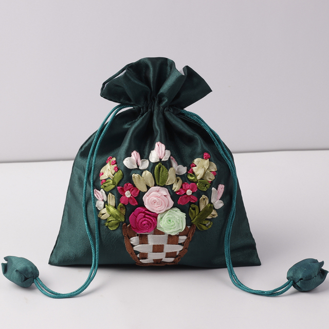 Jedwabna torba prezentowa haftowana 14x17cm - etui na biżuterię z nadrukowanymi kwiatami - sakiewka ślubna i saszetka czekoladowa - wielokrotnego użytku - Wianko - 8